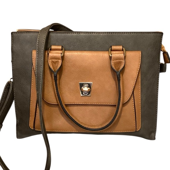 Dasein Vegan Leather Tote Satchel Handbag Colorblock Briefcase Dark Gray & Tan - Picture 1 of 16